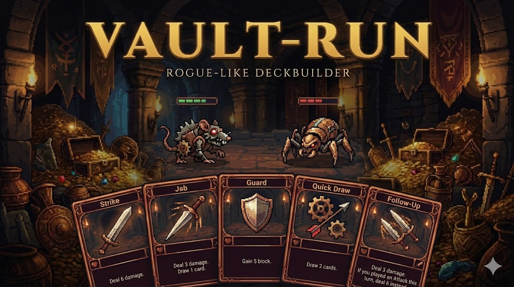 Vault Run — roguelike deckbuilder with pixel art dungeon combat and card hand